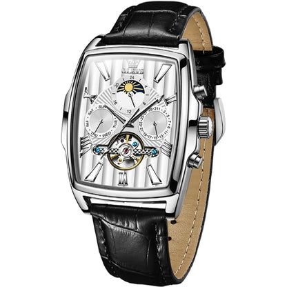 OLEVS 6675 Men Multifunctional Moon Phase Tourbillon Mechanical Watch(White + Silver) - Leather Strap Watches by OLEVS | Online Shopping UK | buy2fix