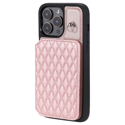 For iPhone 14 Pro Max Grid Texture Card Bag Phone Case with Lanyard(Rose Gold) by buy2fix