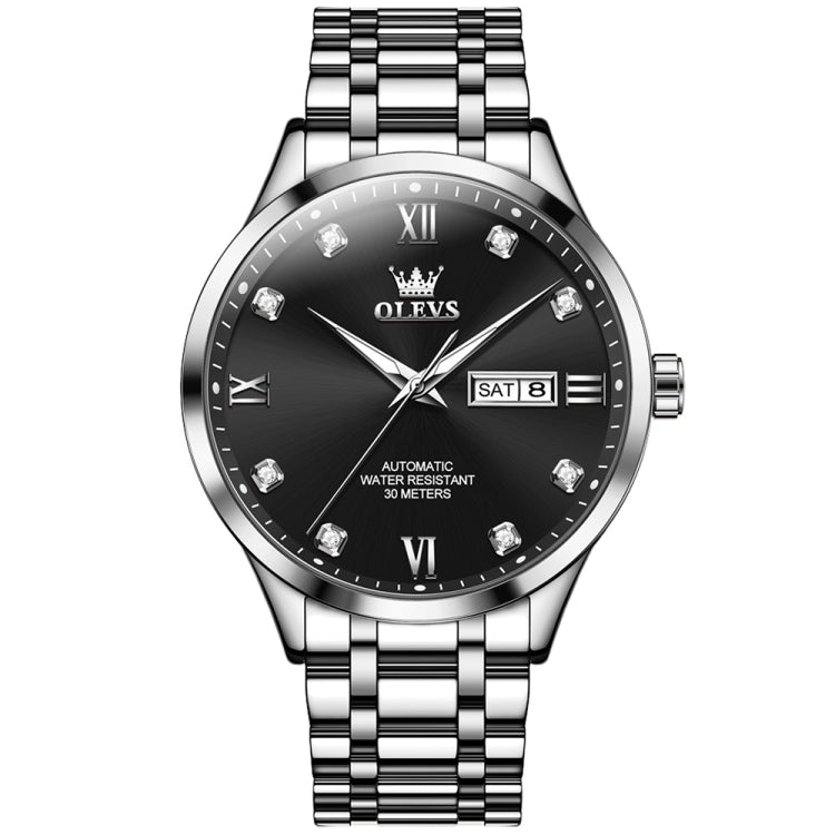 OLEVS 9946 Men Diamond Roman Scale Waterproof Quartz Watch(Black + Silver) - Metal Strap Watches by OLEVS | Online Shopping UK | buy2fix