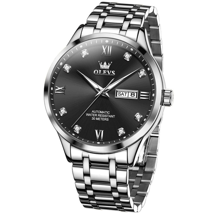 OLEVS 9946 Men Diamond Roman Scale Waterproof Quartz Watch(Black + Silver) - Metal Strap Watches by OLEVS | Online Shopping UK | buy2fix