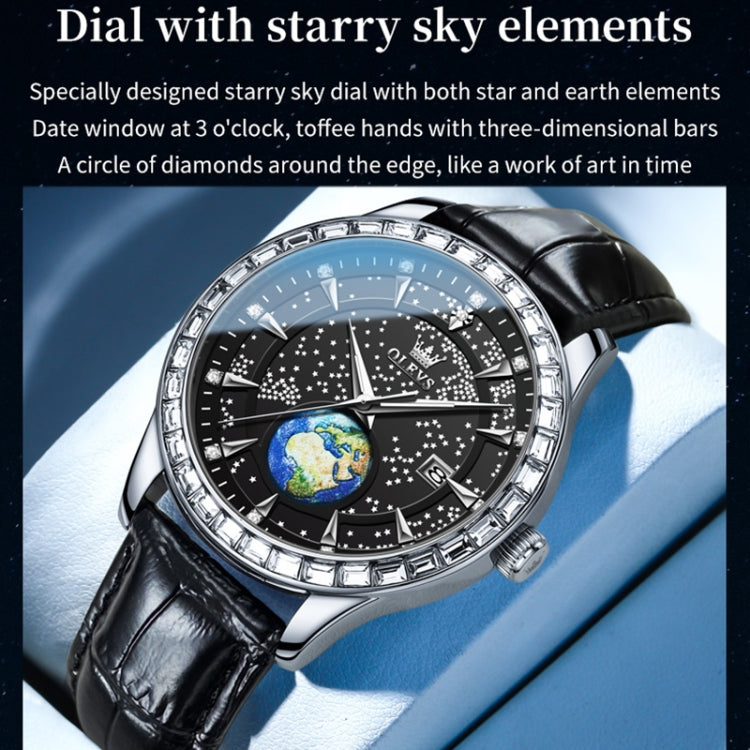 OLEVS 9967 Men Starry Sky Face Diamond Bezel Quartz Watch(Black Leather Strap) - Leather Strap Watches by OLEVS | Online Shopping UK | buy2fix