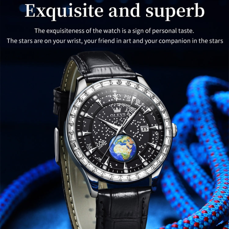 OLEVS 9967 Men Starry Sky Face Diamond Bezel Quartz Watch(Black Leather Strap) - Leather Strap Watches by OLEVS | Online Shopping UK | buy2fix