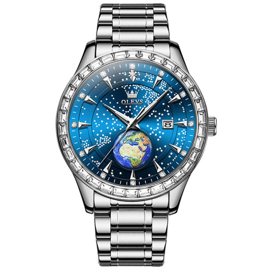 OLEVS 9967 Men Starry Sky Face Diamond Bezel Quartz Watch(Blue Steel Strap) - Leather Strap Watches by OLEVS | Online Shopping UK | buy2fix