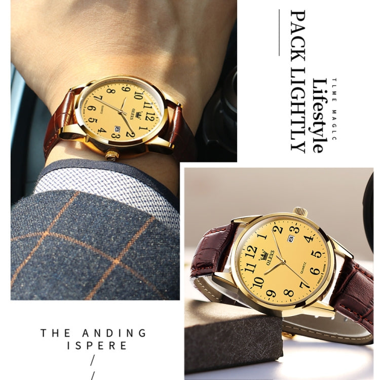 OLEVS 5566 Men Simple Single Calendar Waterproof Quartz Watch(Gold) - Leather Strap Watches by OLEVS | Online Shopping UK | buy2fix