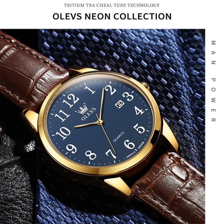 OLEVS 5566 Men Simple Single Calendar Waterproof Quartz Watch(Blue) - Leather Strap Watches by OLEVS | Online Shopping UK | buy2fix