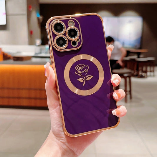 For iPhone 15 Pro Max Electroplate Side Roses Flower MagSafe Phone Case(Dark Purple) - iPhone 15 Pro Max Cases by buy2fix | Online Shopping UK | buy2fix