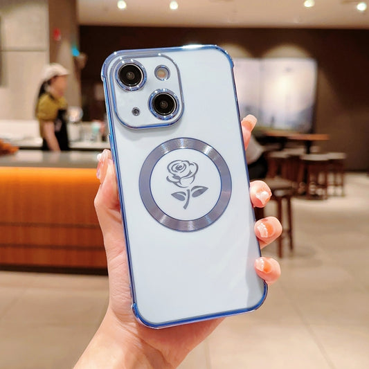 For iPhone 15 Plus Electroplate Side Roses Flower MagSafe Phone Case(Blue) - iPhone 15 Plus Cases by buy2fix | Online Shopping UK | buy2fix