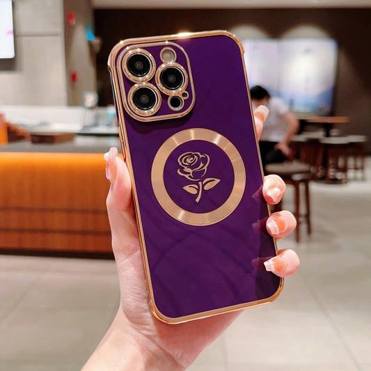 For iPhone 14 Pro Electroplate Side Roses Flower MagSafe Phone Case(Dark Purple) - iPhone 14 Pro Cases by buy2fix | Online Shopping UK | buy2fix