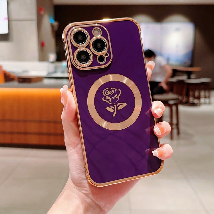 For iPhone 12 Pro Electroplate Side Roses Flower MagSafe Phone Case(Dark Purple) by buy2fix