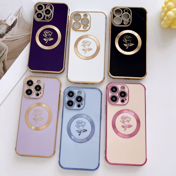 For iPhone 15 Electroplate Side Roses Flower MagSafe Phone Case(Blue) - iPhone 15 Cases by buy2fix | Online Shopping UK | buy2fix