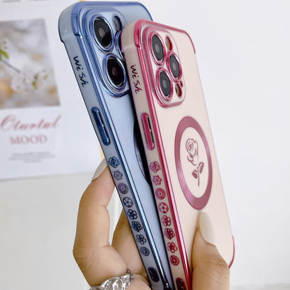 For iPhone 12 Pro Max Electroplate Side Roses Flower MagSafe Phone Case(Black) by buy2fix