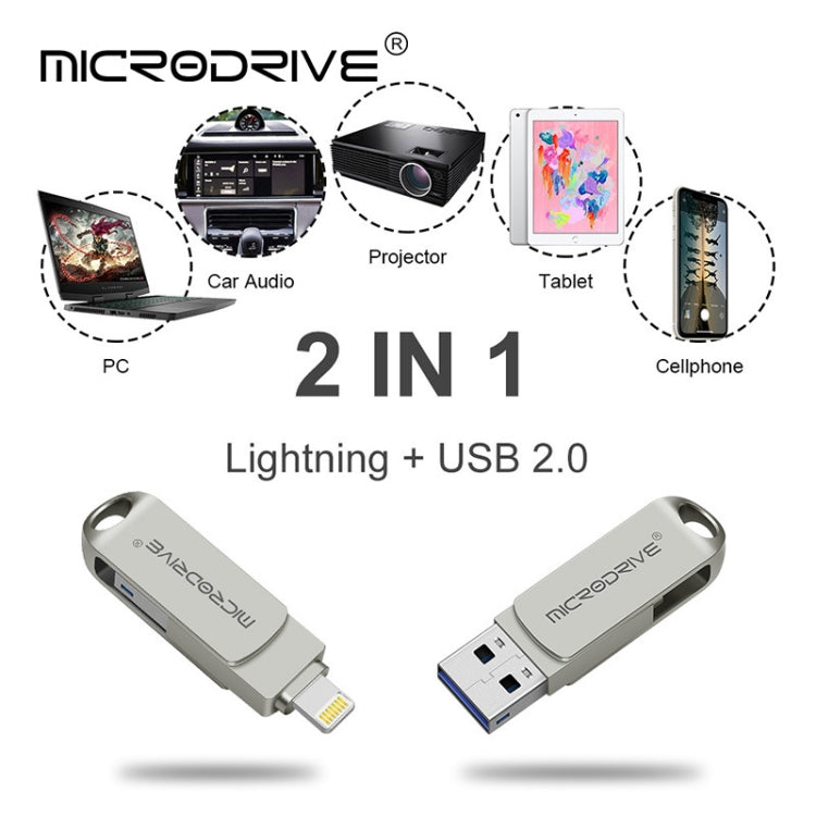 MicroDrive 2 In 1  8 Pin + USB 2.0 Portable Metal USB Flash Disk, Capacity:16GB(Silver) - USB Flash Drives by MICRODRIVE | Online Shopping UK | buy2fix