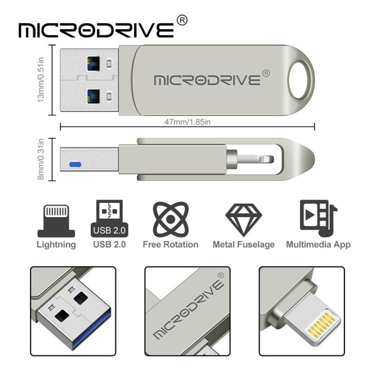 MicroDrive 2 In 1  8 Pin + USB 2.0 Portable Metal USB Flash Disk, Capacity:32GB(Silver) - USB Flash Drives by MICRODRIVE | Online Shopping UK | buy2fix