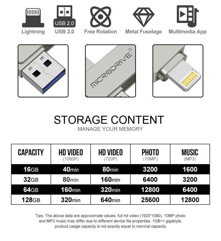 MicroDrive 2 In 1  8 Pin + USB 2.0 Portable Metal USB Flash Disk, Capacity:64GB(Silver) - USB Flash Drives by MICRODRIVE | Online Shopping UK | buy2fix