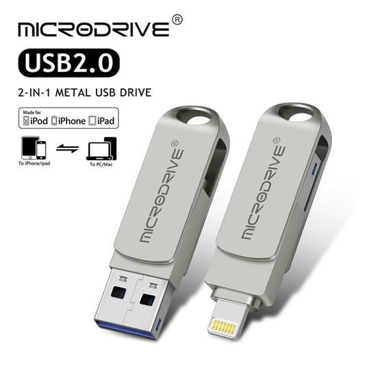 MicroDrive 2 In 1 8 Pin + USB 2.0 Portable Metal USB Flash Disk, Capacity:128GB(Silver) by MICRODRIVE