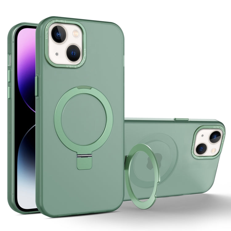 For iPhone 15 MagSafe Metal Holder Frosted Translucent Phone Case(Green) - iPhone 15 Cases by buy2fix | Online Shopping UK | buy2fix