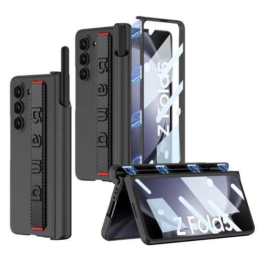 For Samsung Galaxy Z Fold5 GKK Integrated Magnetic Folding Hinge Phone Case with Wrist Strap & Pen Holder(Carbon Fiber)