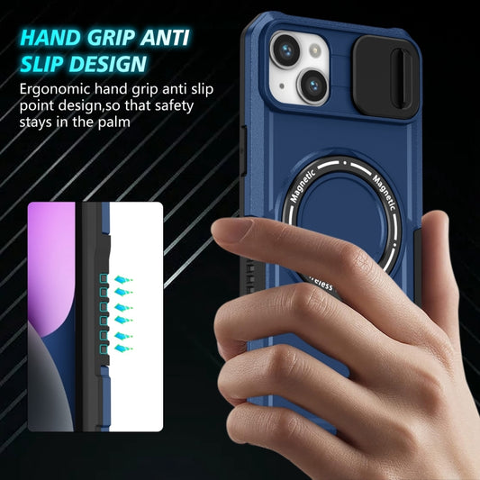 For iPhone 15 Plus Sliding Camshield MagSafe Holder TPU Hybrid PC Phone Case(Royal Blue) by buy2fix