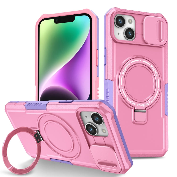 For iPhone 14 Plus Sliding Camshield MagSafe Holder TPU Hybrid PC Phone Case(Purple Pink) by buy2fix