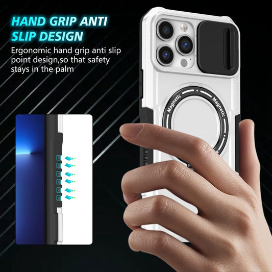For iPhone 13 Pro Max Sliding Camshield MagSafe Holder TPU Hybrid PC Phone Case(Black White) by buy2fix