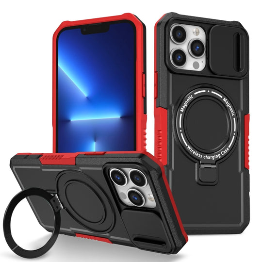 For iPhone 13 Pro Max Sliding Camshield MagSafe Holder TPU Hybrid PC Phone Case(Black Red)