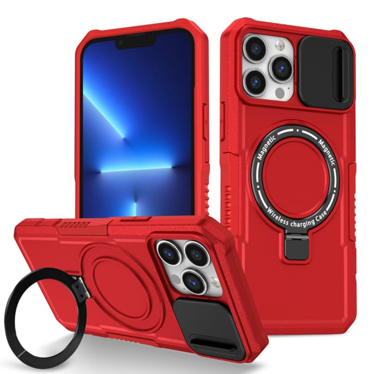 For iPhone 13 Pro Max Sliding Camshield MagSafe Holder TPU Hybrid PC Phone Case(Red)