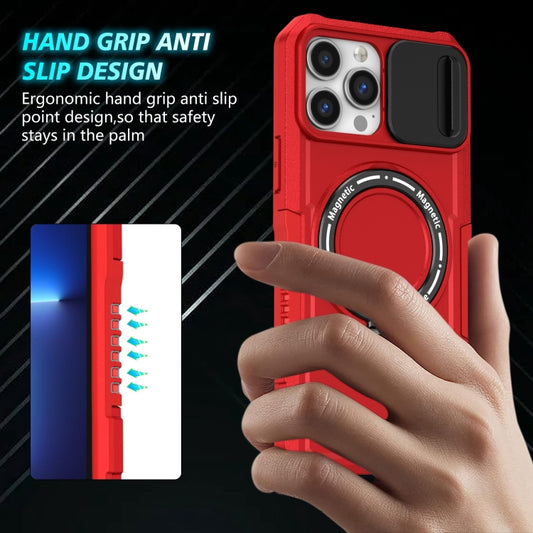 For iPhone 13 Pro Max Sliding Camshield MagSafe Holder TPU Hybrid PC Phone Case(Red) by buy2fix