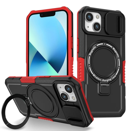 For iPhone 13 Sliding Camshield MagSafe Holder TPU Hybrid PC Phone Case(Black Red)