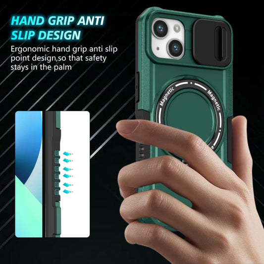 For iPhone 13 Sliding Camshield MagSafe Holder TPU Hybrid PC Phone Case(Deep Green) by buy2fix