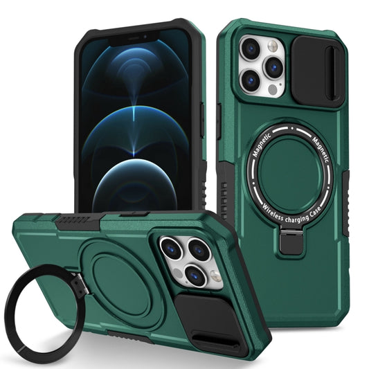 For iPhone 12 Pro Max Sliding Camshield MagSafe Holder TPU Hybrid PC Phone Case(Deep Green) by buy2fix