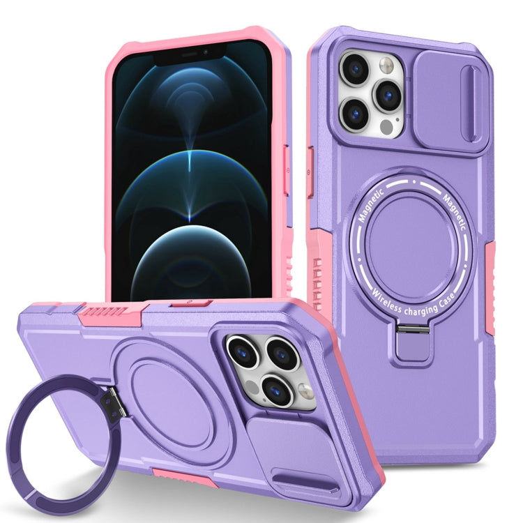 For iPhone 12 Pro Sliding Camshield MagSafe Holder TPU Hybrid PC Phone Case(Pink Purple) by buy2fix