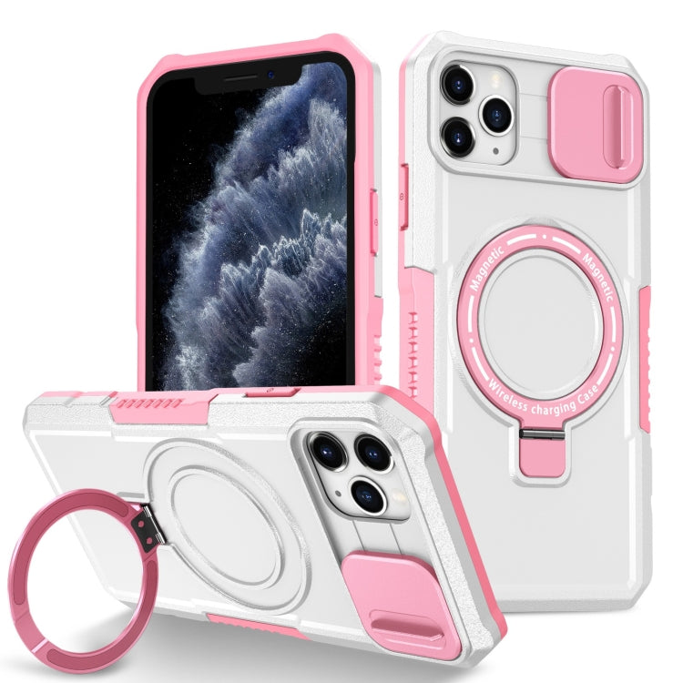 For iPhone 11 Pro Max Sliding Camshield MagSafe Holder TPU Hybrid PC Phone Case(Pink White) by buy2fix