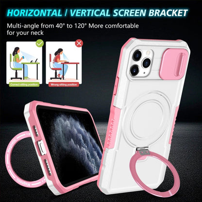 For iPhone 11 Pro Max Sliding Camshield MagSafe Holder TPU Hybrid PC Phone Case(Pink White) by buy2fix