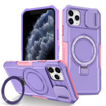For iPhone 11 Pro Max Sliding Camshield MagSafe Holder TPU Hybrid PC Phone Case(Pink Purple) by buy2fix
