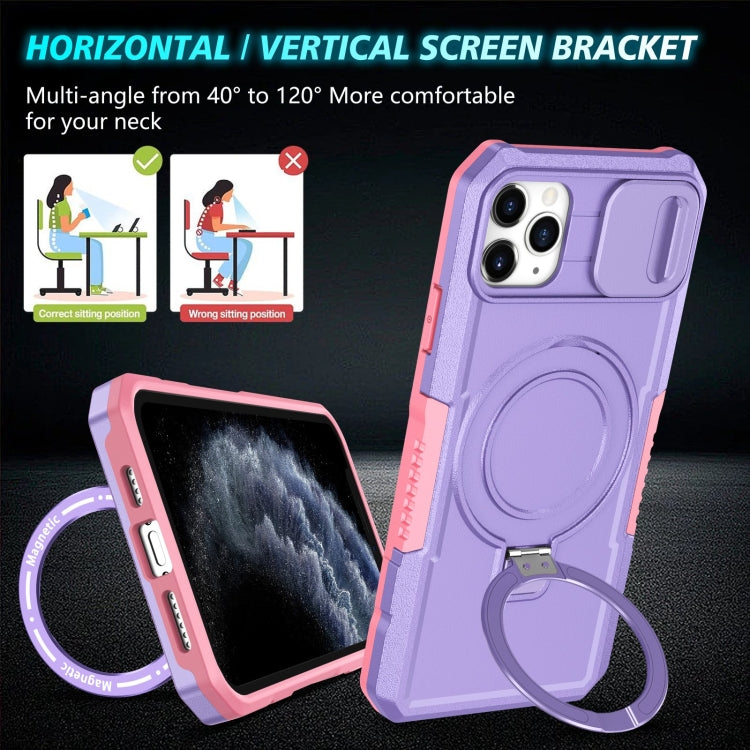 For iPhone 11 Pro Max Sliding Camshield MagSafe Holder TPU Hybrid PC Phone Case(Pink Purple) by buy2fix
