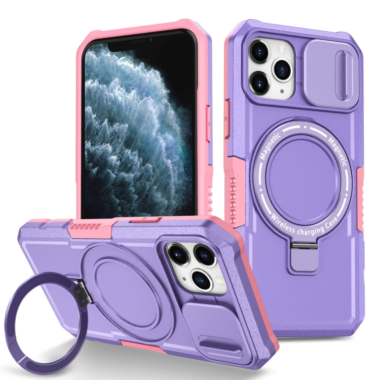 For iPhone 11 Pro Sliding Camshield MagSafe Holder TPU Hybrid PC Phone Case(Pink Purple) by buy2fix