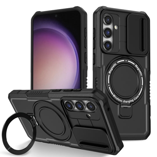 For Samsung Galaxy S23 FE 5G Sliding Camshield Magsafe Holder TPU Hybrid PC Phone Case(Black)
