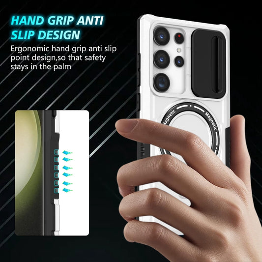 For Samsung Galaxy S23 Ultra 5G Sliding Camshield Magsafe Holder TPU Hybrid PC Phone Case(Black White) by buy2fix