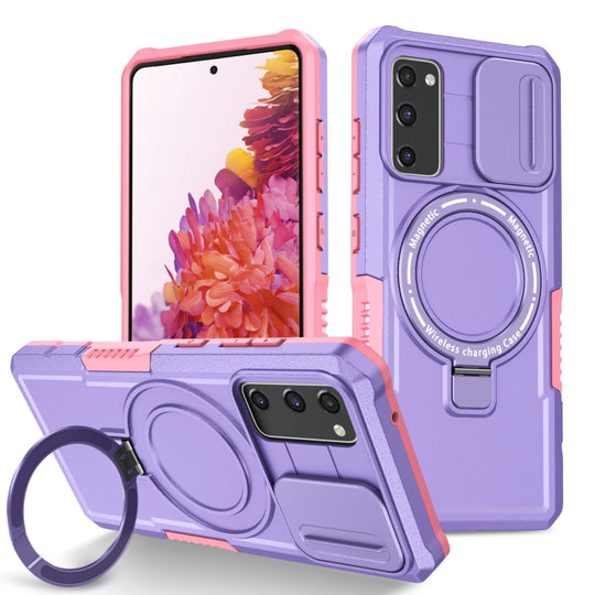 For Samsung Galaxy S20 FE Sliding Camshield Magsafe Holder TPU Hybrid PC Phone Case(Pink Purple)