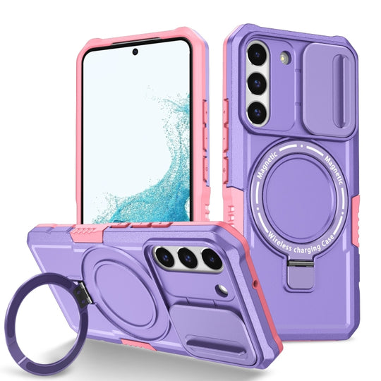 For Samsung Galaxy S22 5G Sliding Camshield Magsafe Holder TPU Hybrid PC Phone Case(Pink Purple)