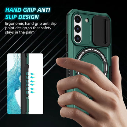 For Samsung Galaxy S22 5G Sliding Camshield Magsafe Holder TPU Hybrid PC Phone Case(Deep Green) by buy2fix