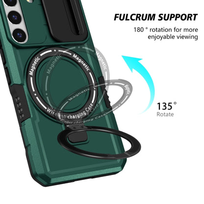 For Samsung Galaxy S22 5G Sliding Camshield Magsafe Holder TPU Hybrid PC Phone Case(Deep Green) by buy2fix