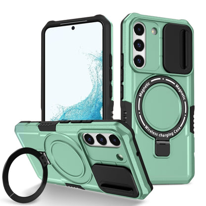For Samsung Galaxy S22 5G Sliding Camshield Magsafe Holder TPU Hybrid PC Phone Case(Light Blue) by buy2fix