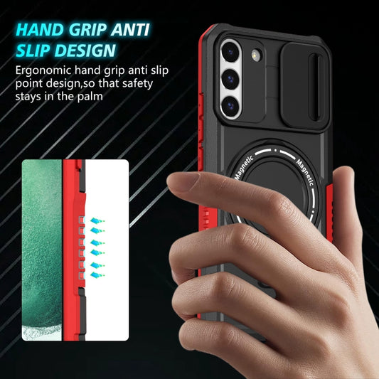 For Samsung Galaxy S22+ 5G Sliding Camshield Magsafe Holder TPU Hybrid PC Phone Case(Black Red) by buy2fix