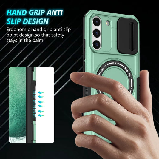 For Samsung Galaxy S22+ 5G Sliding Camshield Magsafe Holder TPU Hybrid PC Phone Case(Light Blue) by buy2fix