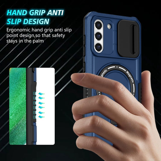 For Samsung Galaxy S21 FE 5G Sliding Camshield Magsafe Holder TPU Hybrid PC Phone Case(Royal Blue) by buy2fix