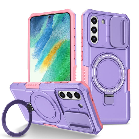 For Samsung Galaxy S21 FE 5G Sliding Camshield Magsafe Holder TPU Hybrid PC Phone Case(Pink Purple)