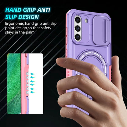 For Samsung Galaxy S21 FE 5G Sliding Camshield Magsafe Holder TPU Hybrid PC Phone Case(Pink Purple) by buy2fix
