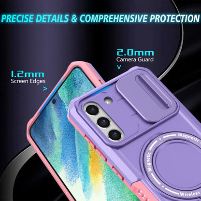 For Samsung Galaxy S21 FE 5G Sliding Camshield Magsafe Holder TPU Hybrid PC Phone Case(Pink Purple) by buy2fix