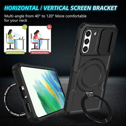 For Samsung Galaxy S21 FE 5G Sliding Camshield Magsafe Holder TPU Hybrid PC Phone Case(Black) by buy2fix